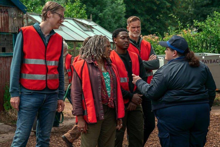 Greg (Stephen Merchant), Myrna (Clare Perkins), Ben (Gamba Cole), John (Darren Boyd) & Diane (Jess Gunning) (Image: BBC/Big Talk/Alistair Heap)